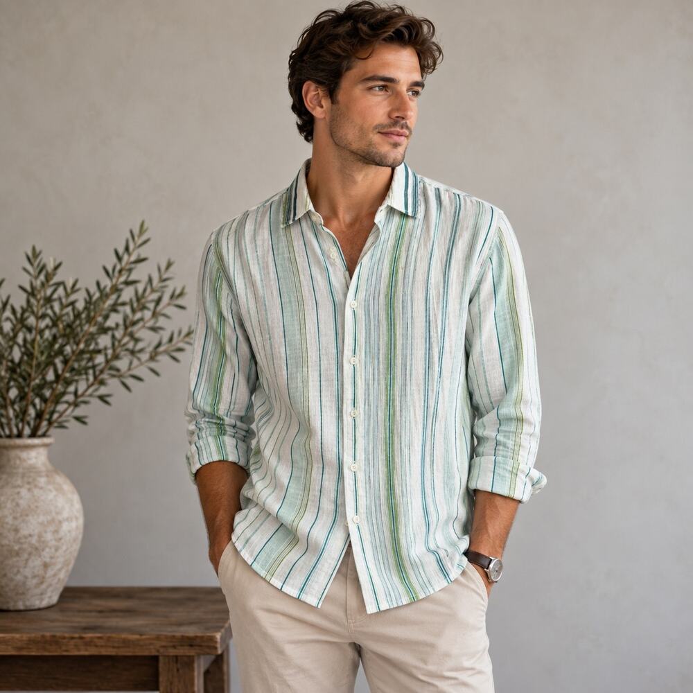 Tommy Bahama "Relax" Blue Green Linen Button Down Medium
